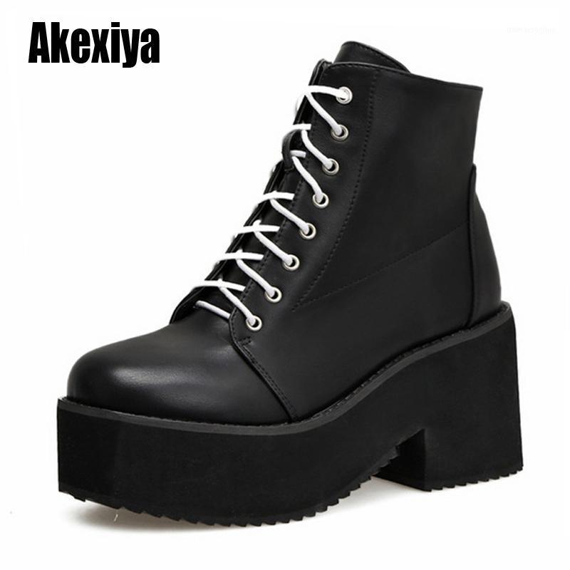 

Punk high heel ankle boots fashion motorcycle boots thick-soled women's British Genuine Leather lace up black u7951