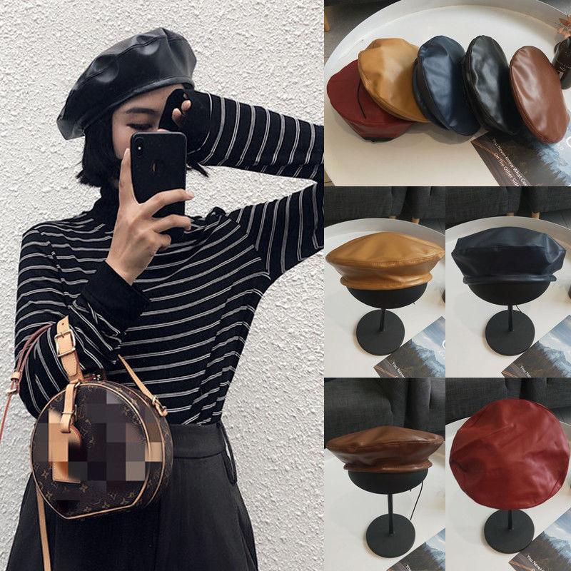 

Hot Fashion Women Beret Solid Faux PU Leather Beret French Artist Warm Beanie Hat