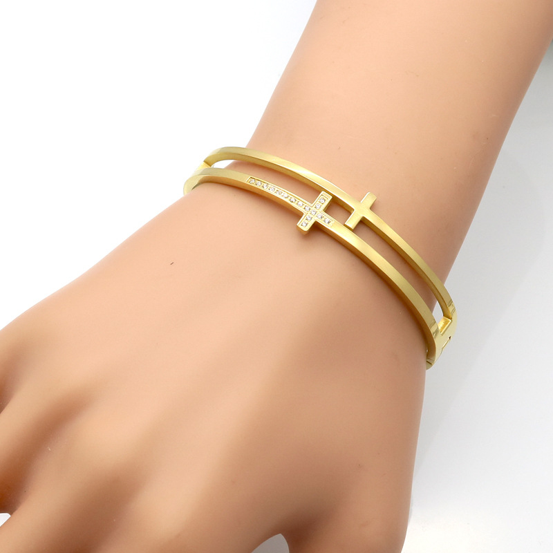 

Luxury Brand Double Layered Stainless Steel Cross Bangle Cuff Bracelet for Womens Gift