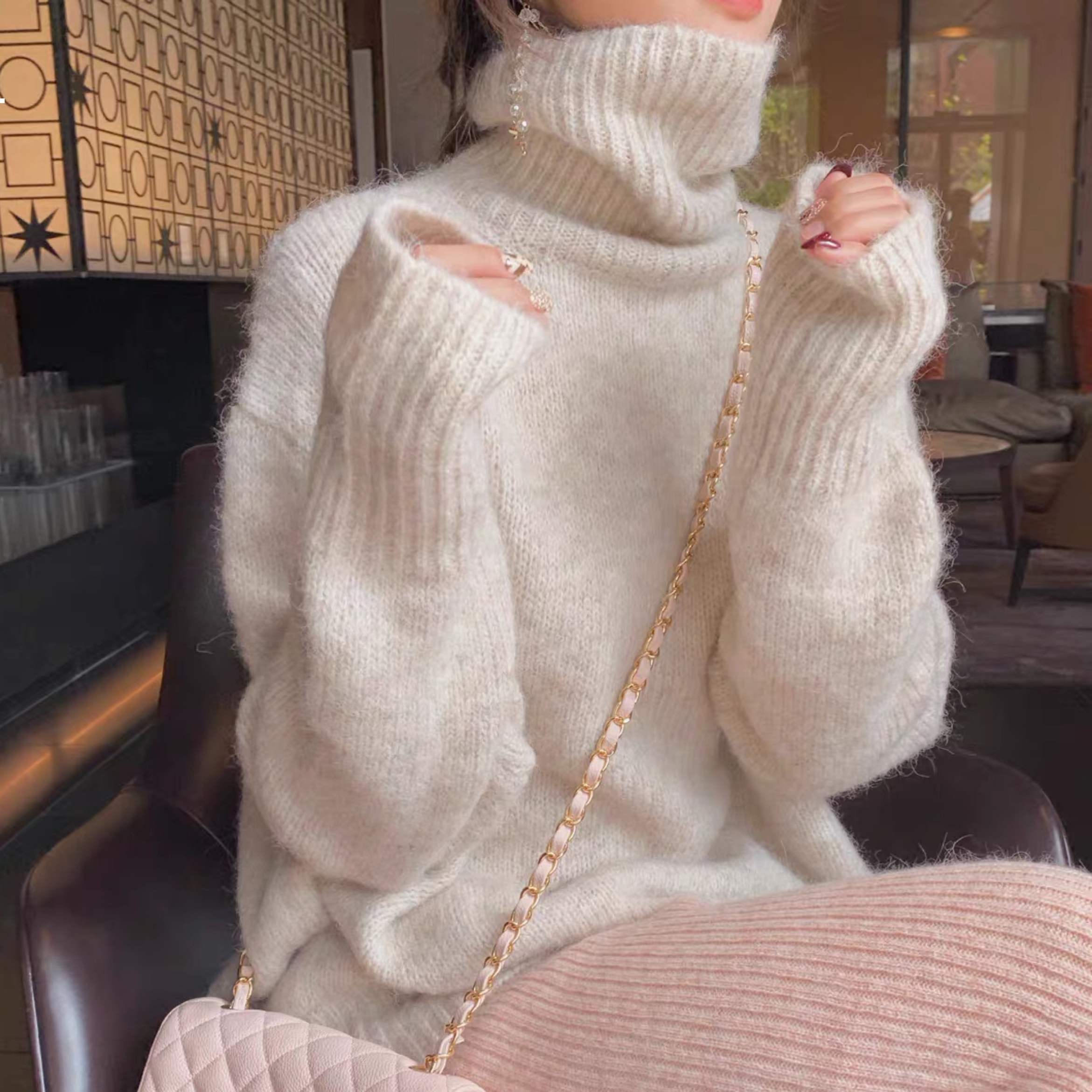 

New Mohair 2021 Turtlenecks Sweater Luxury Woman Designer Autumn Winter Street Wear Jsft X84D, Rice apricot glued