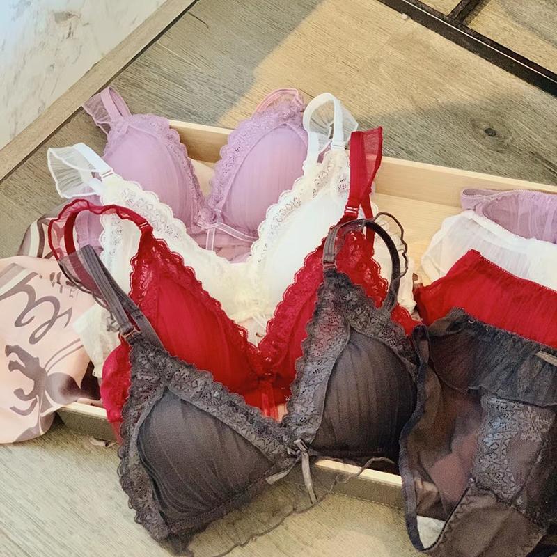 

4 colors full lace AB thin cup pure color white dress underwear sets women sexy bra and panty set wire free girls intimates, Black