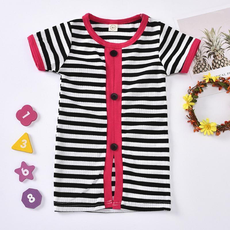 

Toddler Baby Kids Girls Clothing Color Stitching Short Sleeve Button Striped Print Dress Fashion Casual Clothes Simple style1, Black