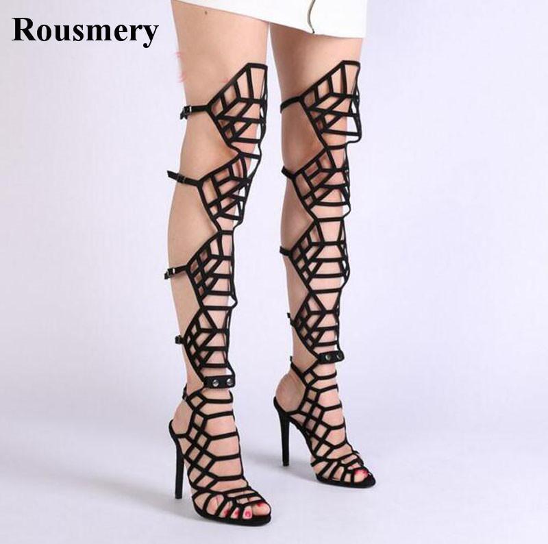 

Hot Selling Fashion Women Open Toe Straps Cross Over Knee Gladiator Boots Cut-out Long High Heel Sandal Boots Thin Heel1, As pic