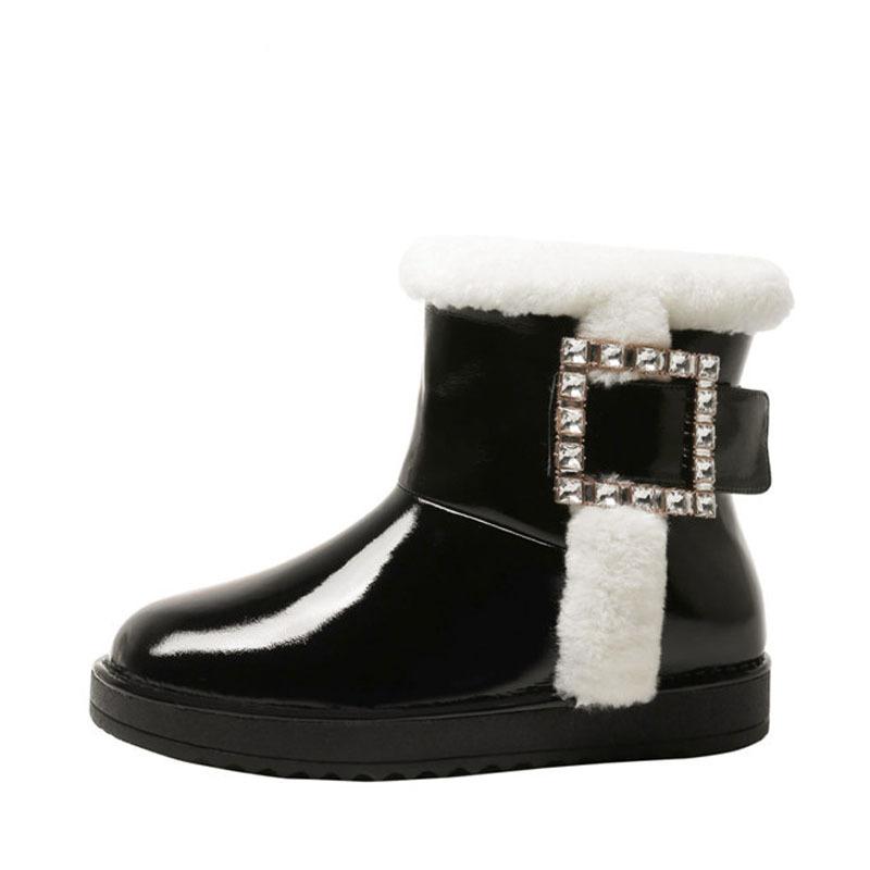 

Winter New Style Rhinestone Square Buckle Blended Cashmere Snow Boots Bright Leather Cotton Boots Thick-soled Short Women, Black