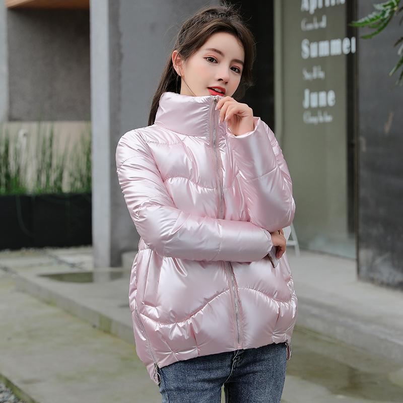 

2021 New Short Glossy Parka Winter Jacket Women Fashion Stand Collar Parka Coat Female Office Lady, Black