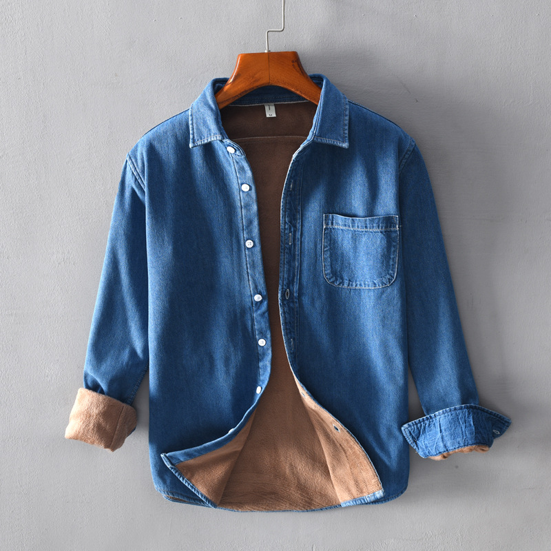 

Winter warm shirt Fleece thickening Denim fashion cotton shirt long sleeve men's brand shirt dress, Blue