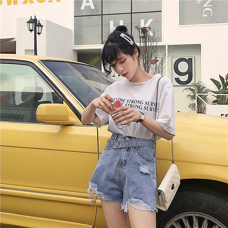 

New casual arrival summer hot sale female high-waisted waistbands plus size  sexy grief-stricken denim short brim pants 97S1, Light blue
