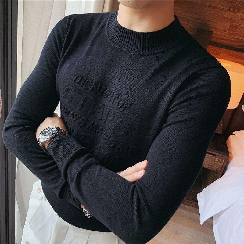 

2021 Autumn and Winter New Fashion Long-sleeved Letter Round Neck Sweater Men's Slim Tight Casual Solid Color Knitted Pullover, Black