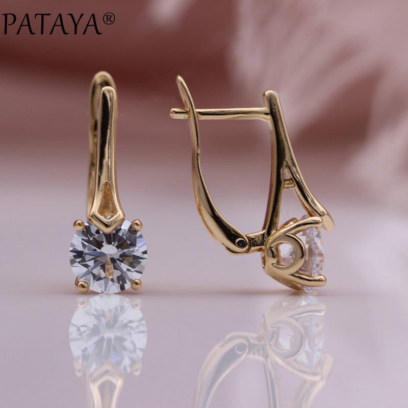 

Dangle & Chandelier PATAYA Full Love White Earrings Round Natural Zircon Wedding Party Gift Fashion Jewelry 585 Rose Gold Women Earring