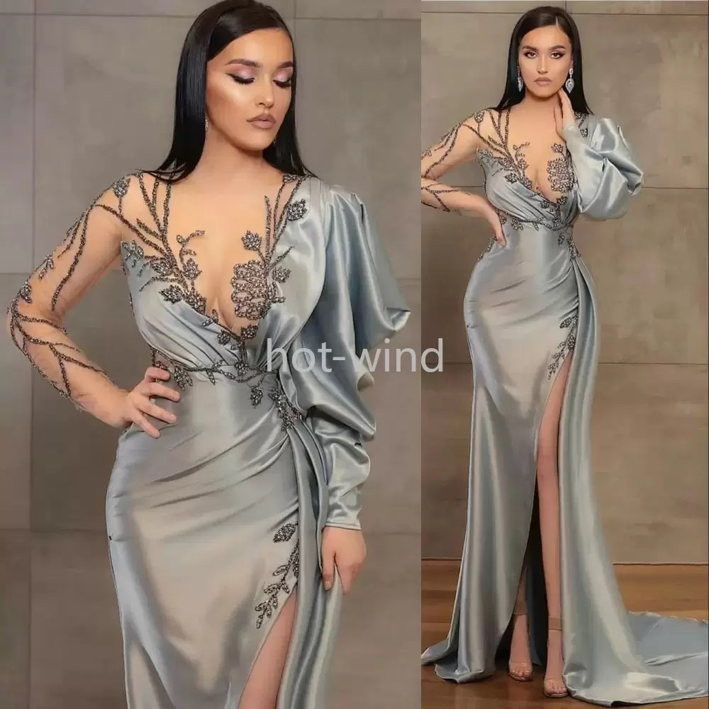 

Sexy Silver Sheath Long Sleeves Evening Dresses Wear Illusion Crystal Beading High Side Split Floor Length Party Dress Prom Gowns Open Back Robes De Soirée 2022, White
