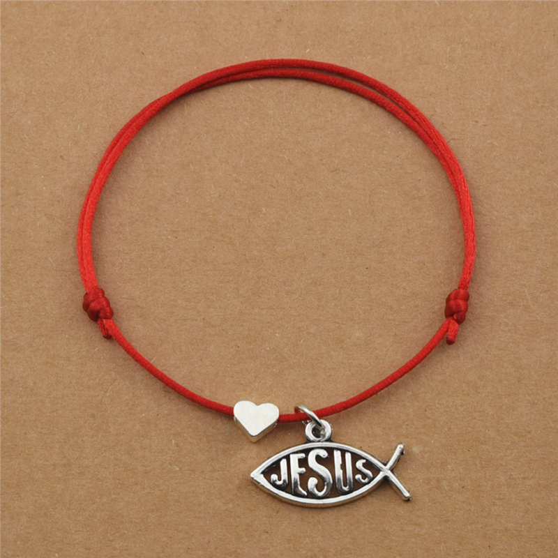 

New Handmade Simple Adjustable Black Red Rope Cord Heart Love Fish Christian God Jesus Charm Bracelets Christmas Jewelry Gifts