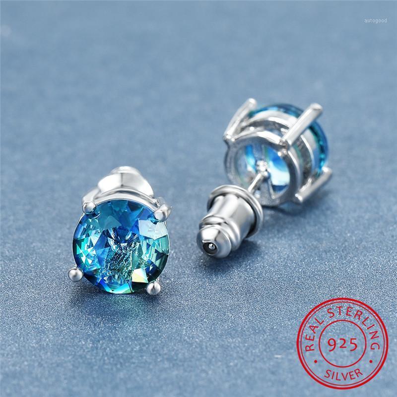 

Stud Luxury Female 8mm Round Earrings Charm Tourmaline Sapphire 100% Real 925 Sterling Silver For Women1