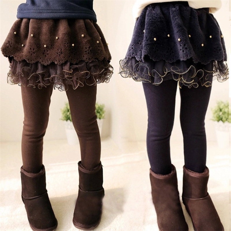 

2020 New Winter Girls Thick Leggings Lace Skirt Legging for Kids Cotton Children Pants Baby Tutu Pants Toddler Warm Trousers LJ201019, Coffee