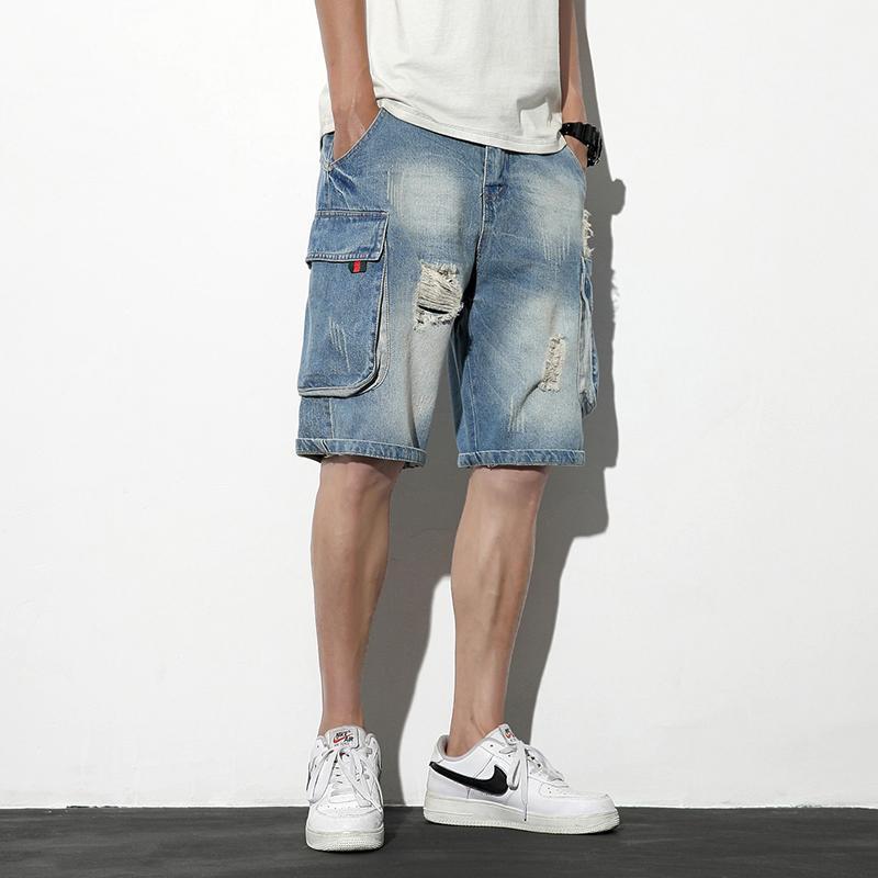 

Men's Blue Denim Shorts Men's Summer Casual Loose Short Jeans High Street Ripped Cargo Multi-pocket Large Size Denim Shorts 421
