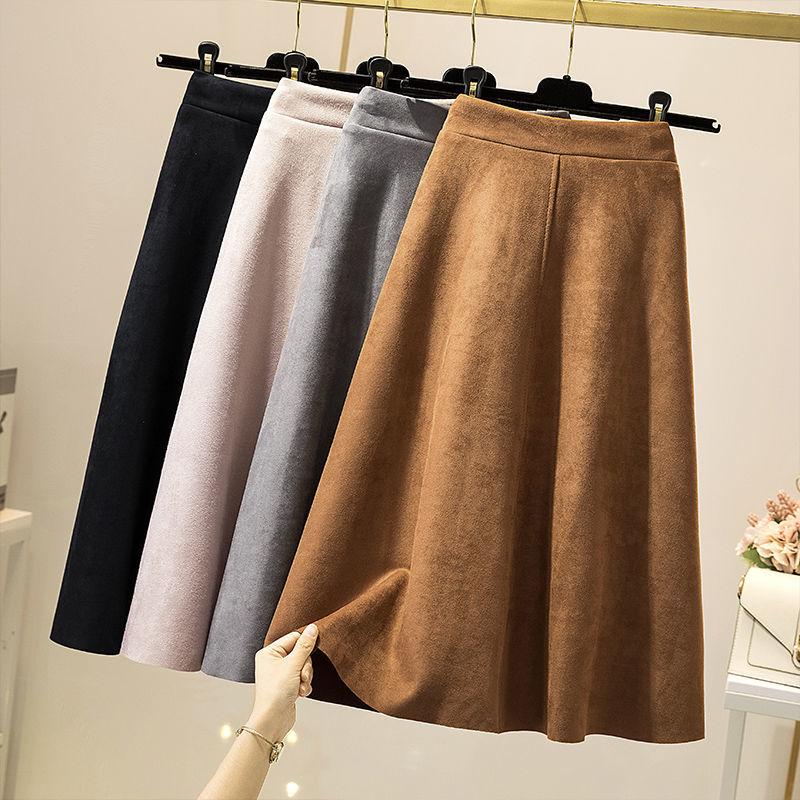 

Women 2021 Autumn Winter Suede High Waist Midi Skirt Female Vintage A Line Flare Fashion Skirt Ladies Casual Chic Skirts A492, Black