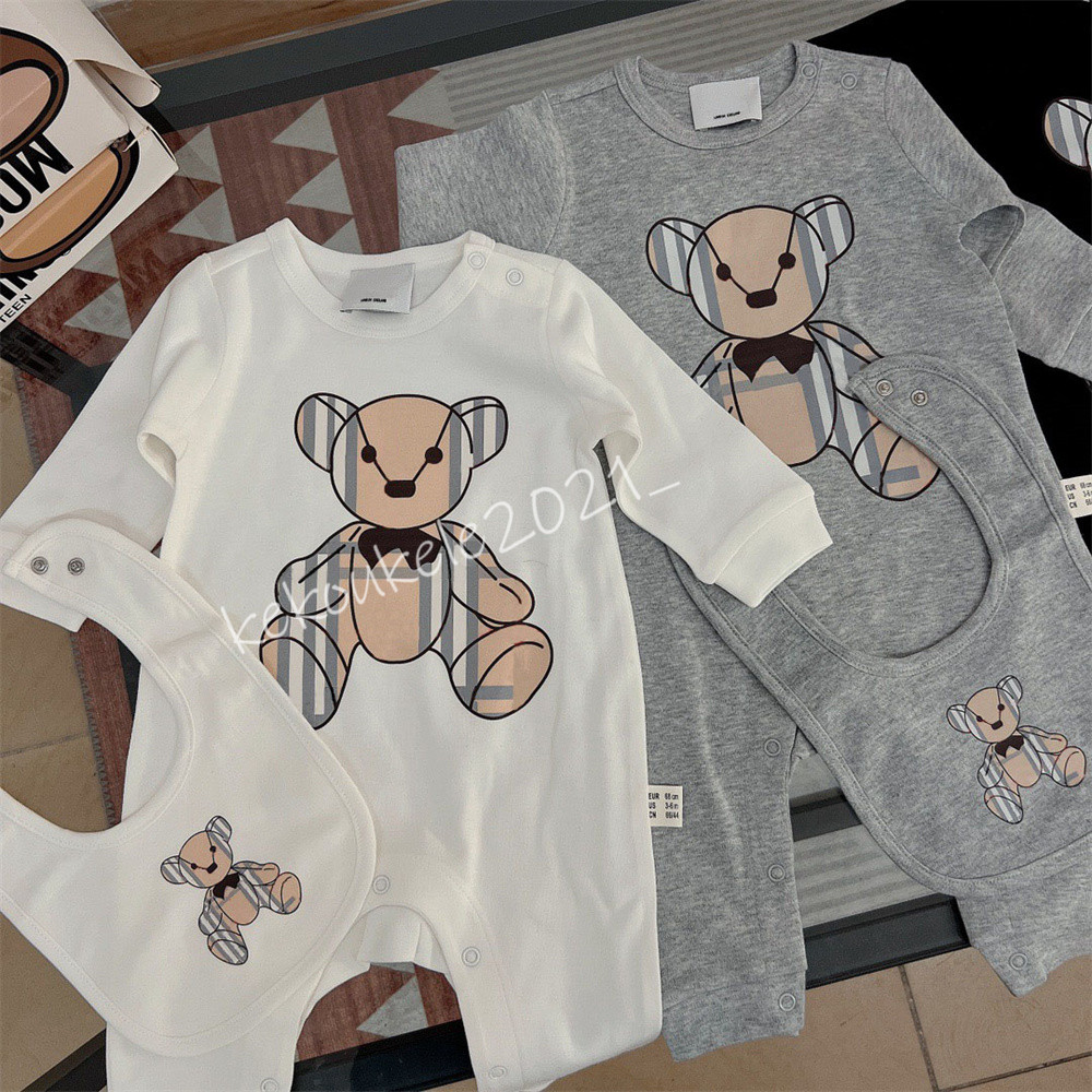 

Fashion Rompers High Quality Newborn Baby Clothes Cotton Long-sleeved Printed Boy Girl Jumpsuits and Bib Sets, Grey