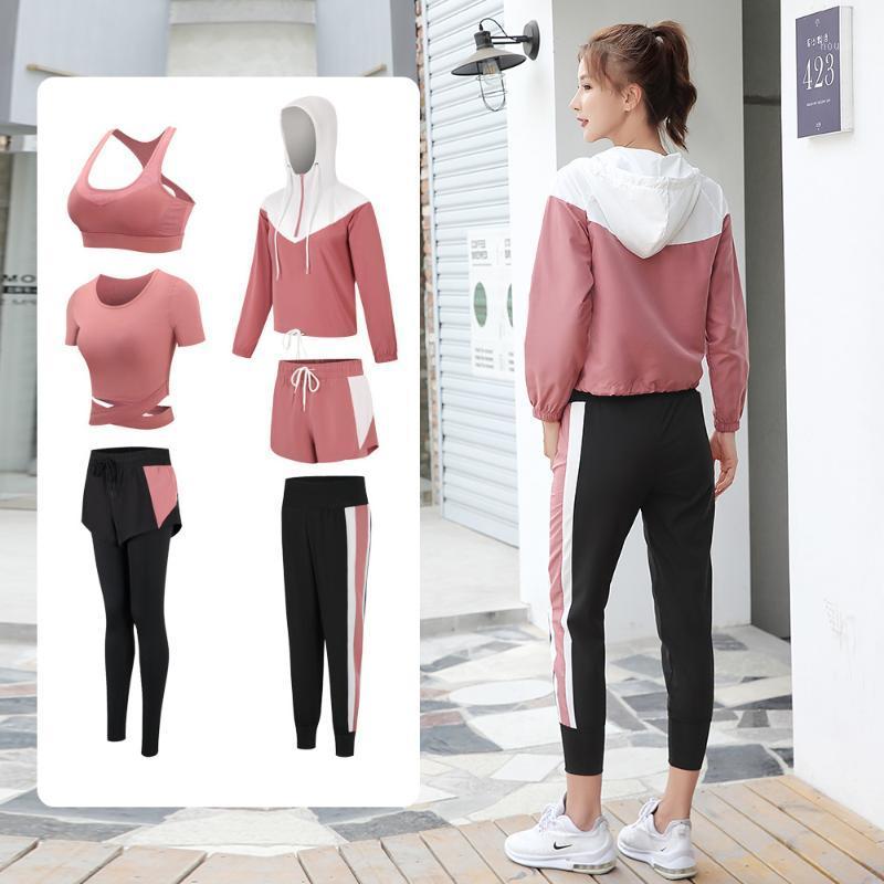 

Hooded female set, four seasons tracksuits women sweatshirt Splicing pants tracksuit pullover pants with pockets training suits1, B-pink-5 piece set