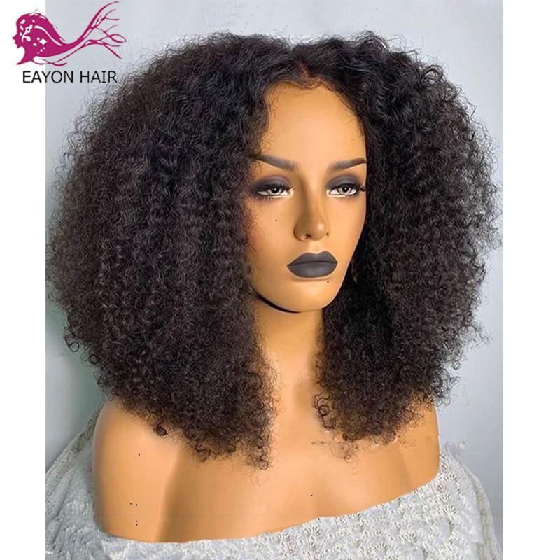 

EAYON Kinky Curly Fake Scalp Top Lace Front Human Hair Wigs 180% Remy Brazilian Glueless 5x5 Silk Base Wigs Bleached Knots, Natural color