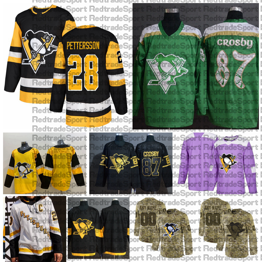 

2021 Reverse Retro Customize #28 Marcus Pettersson Pittsburgh Penguins Jerseys Golden Edition Camo Veterans Day Fights Cancer Hockey Jersey, Brown