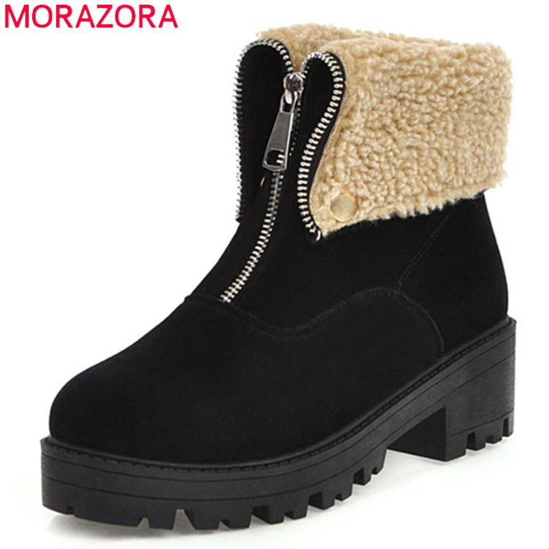 

MORAZORA 2020 new arrival women ankle boots zip round toe flock winter boots simple fashion low heels casual shoes ladies, Black