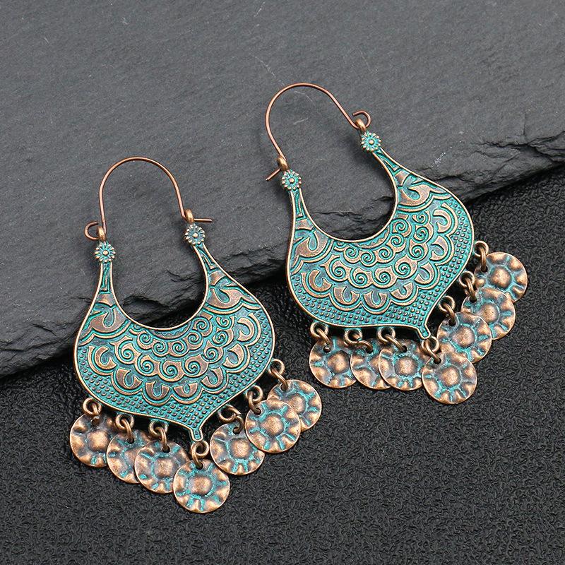 

Vintage Bronze Round Sheet Tassel Dangle Earrings For Women Afghan Ethnic Geometric Alloy Jhumka Earrings Gypsy Jewelry