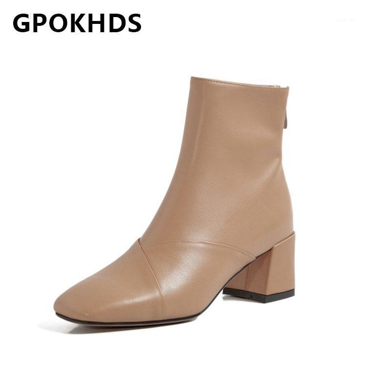 

GPOKHDS 2021 women Ankle boots Cow leather Winter short plush Square Toe Zipper High heels female boots size 401, Black