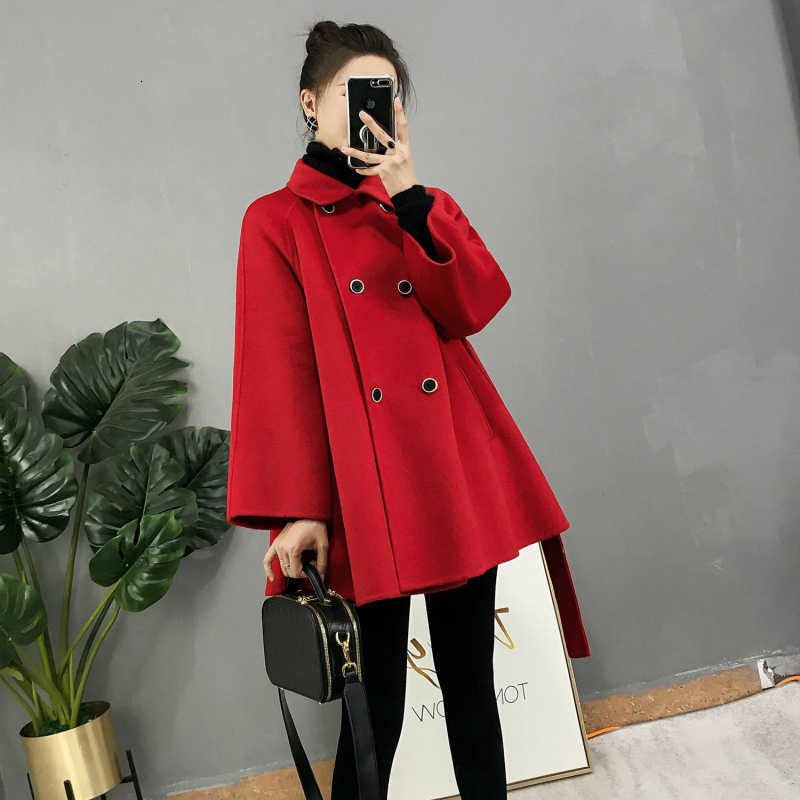 

2021 New Women Long Woolen Cloak Coat Belt Jackets Hjii, Red