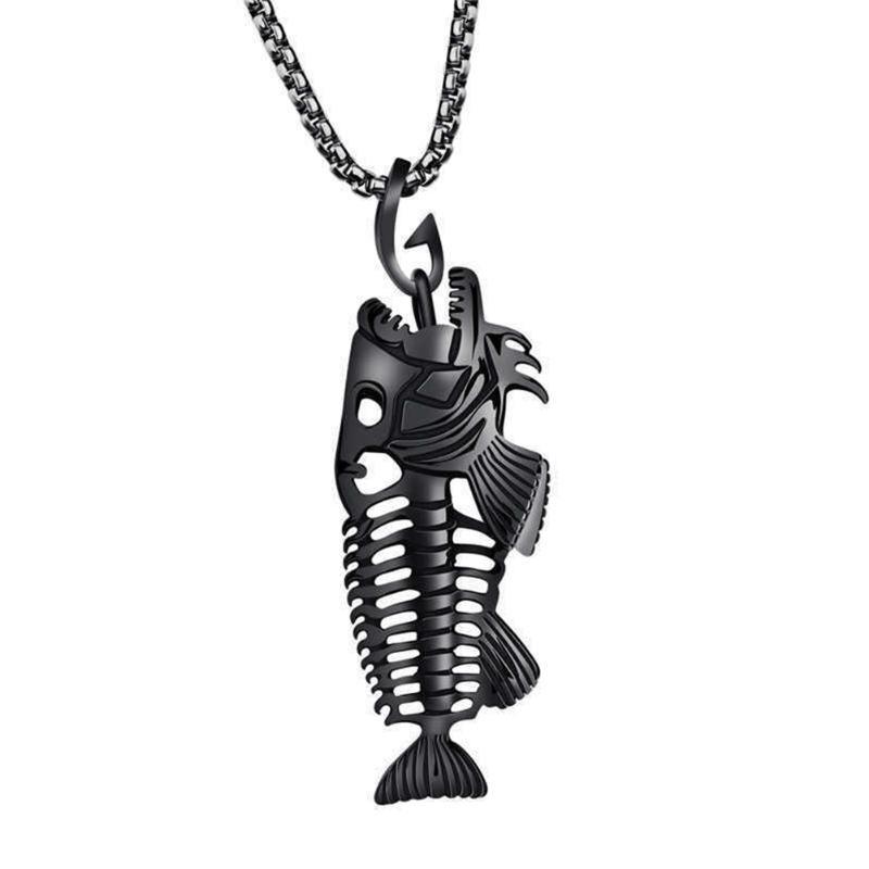 

NEW Fish Bone Fish Skeleton Stainless Steel Pendant Chain Necklace Unisex Jewellery Black, Gold, Silver Color