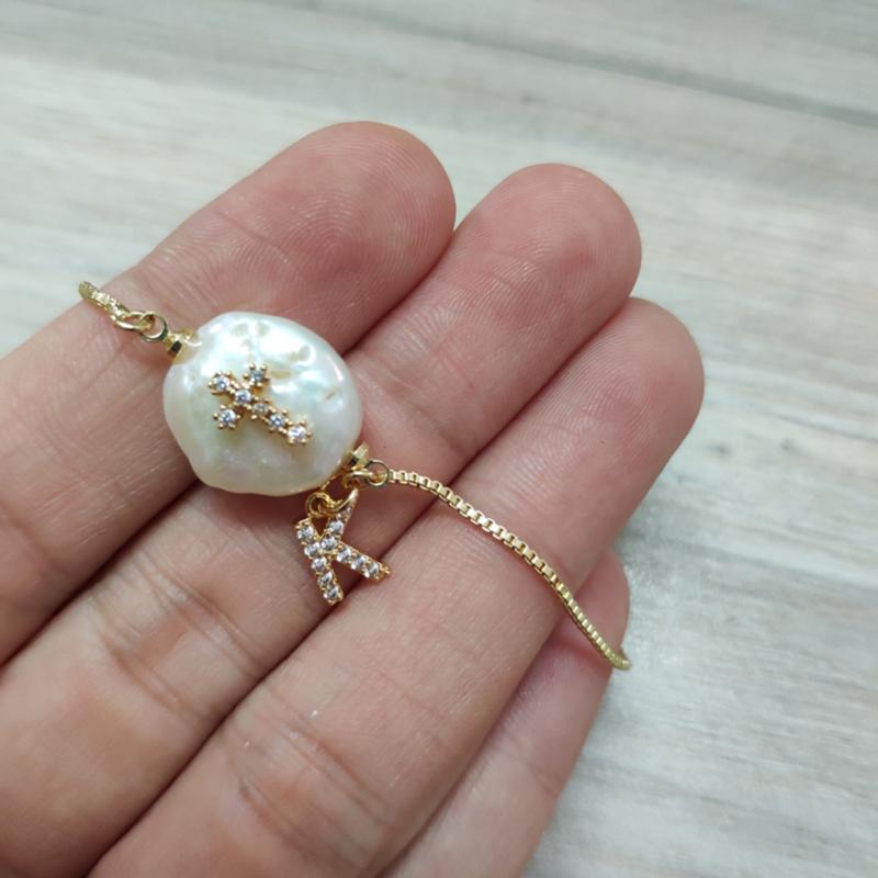 

religious white cz cross initial 26 alphabet letter name charm freshwater pearl bead dainty gold link bracelet for women jewelry