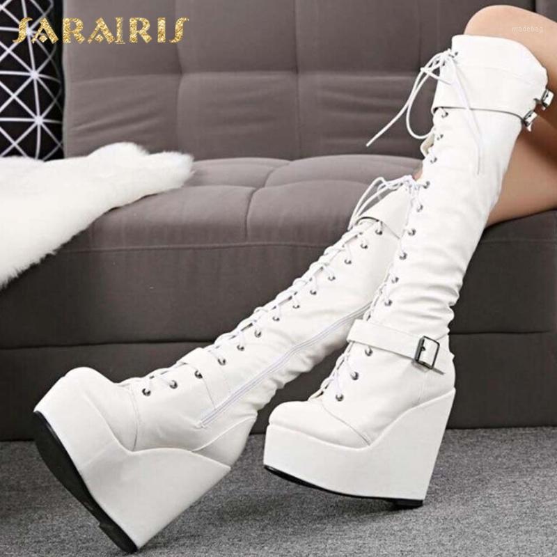 

New Fashion 2021 Big Size 43 Motorcycle Boots woman's Platform Wedge High Heels Buckle Decoration Shoes Laides Boots1, White