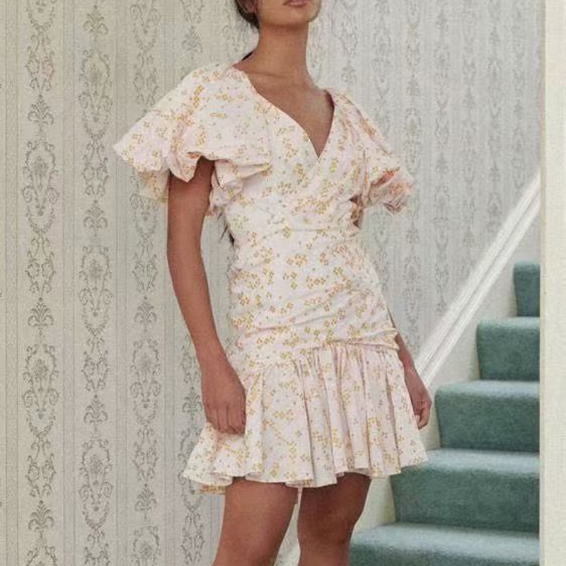 

New Sexy Summer with Low-cut V-neck Retro-embroidered Short-sleeve Flowers Thin Dress of High Quality Women's Clothes Lio6, Yellow