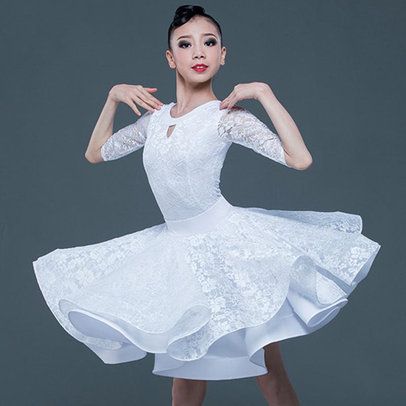 

Latin Dance Dress Girls Rumba Cha Cha Samba Salsa Tango Competition Wear Child White Lace Mid Sleeve Performance Dresses DN5309, As picture