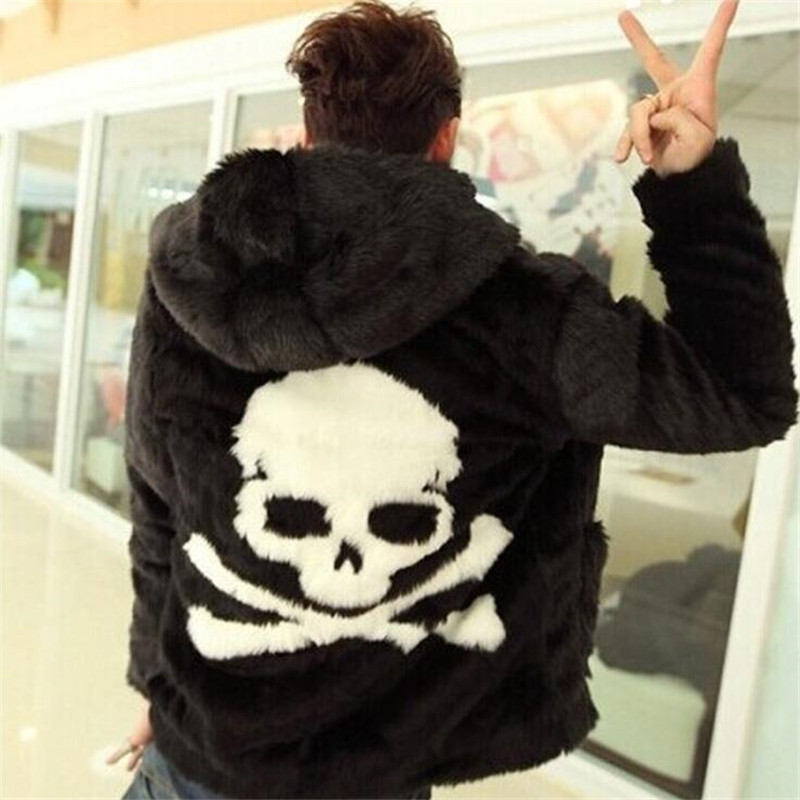 

2020 winter new leather grass male overcoats standard skull fashion hoodie from the fake cozy black rabbit fur coat -4XL, Picture color