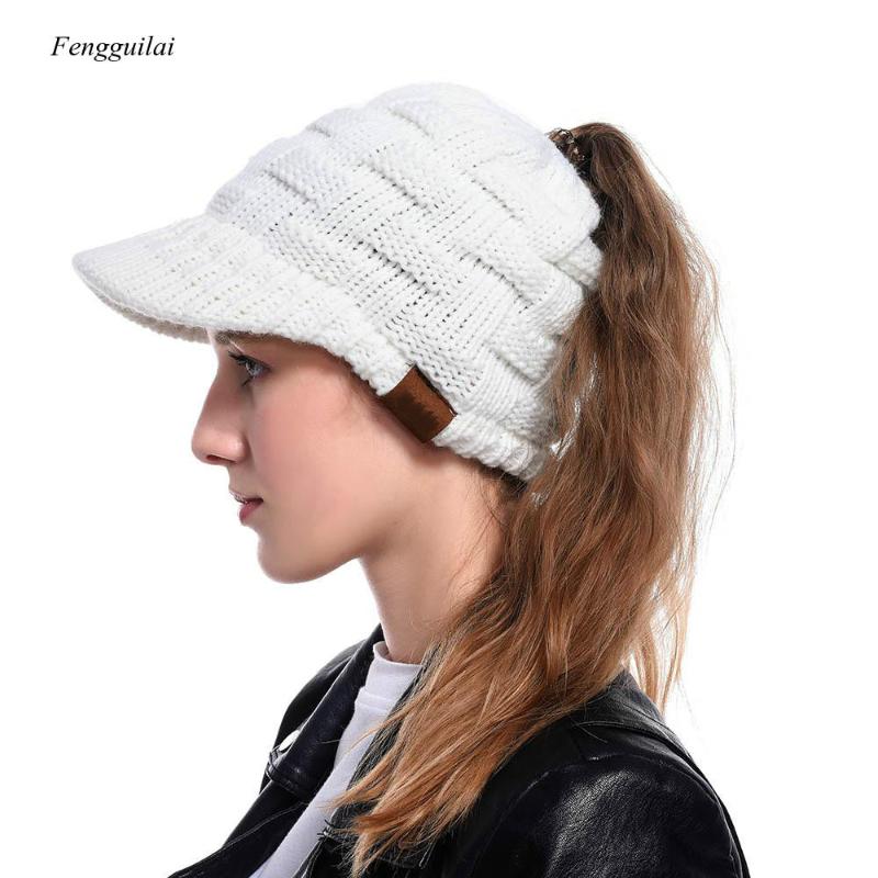 

2020 Winter Women Knitted Baseball Cap for Girl Warm Casual Sports Elastic Adjustable Messy Bun Foldable Visor Cap Hats, White