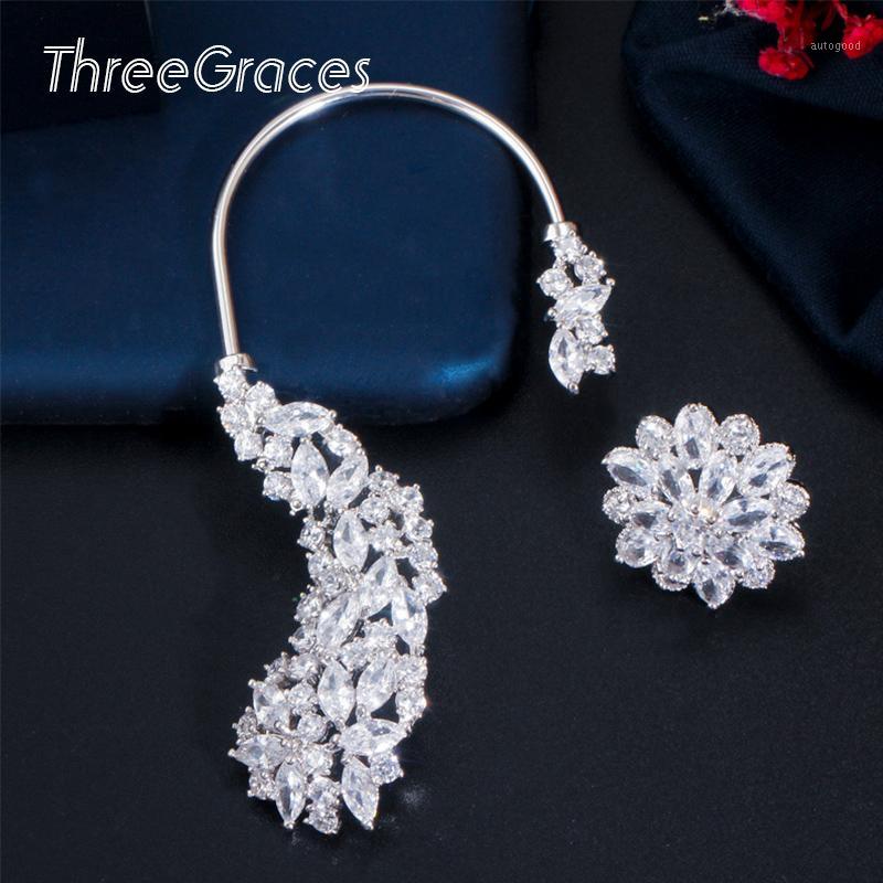 

Stud ThreeGraces Elegant Cubic Zirconia Asymmetric Flower Long Ear Clip Earrings For Women Fashion Party Banquet Jewelry ER4531