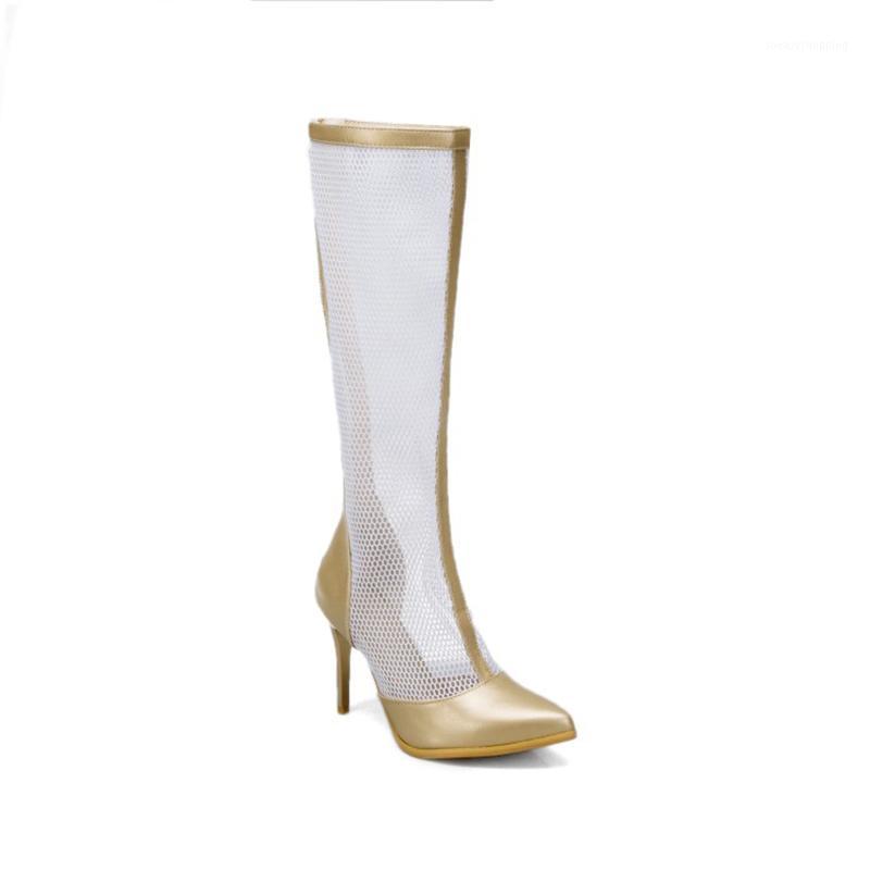 

New Spring and Summer 2020 Net Splicing Leather Stiletto High Heels Boot Female Knee-high Long Tube Cool Boots1, Gold