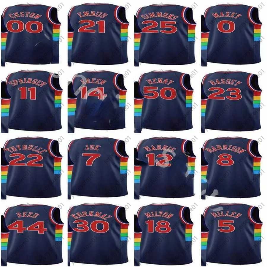 

2021-22 City 75th Navy Jerseys Basketball Tobias 12 Harris Joel 21 Embiid Danny 14 Green Seth 31 Curry Tyrese 0 Maxey 30 Korkmaz Matisse 22, Black;red