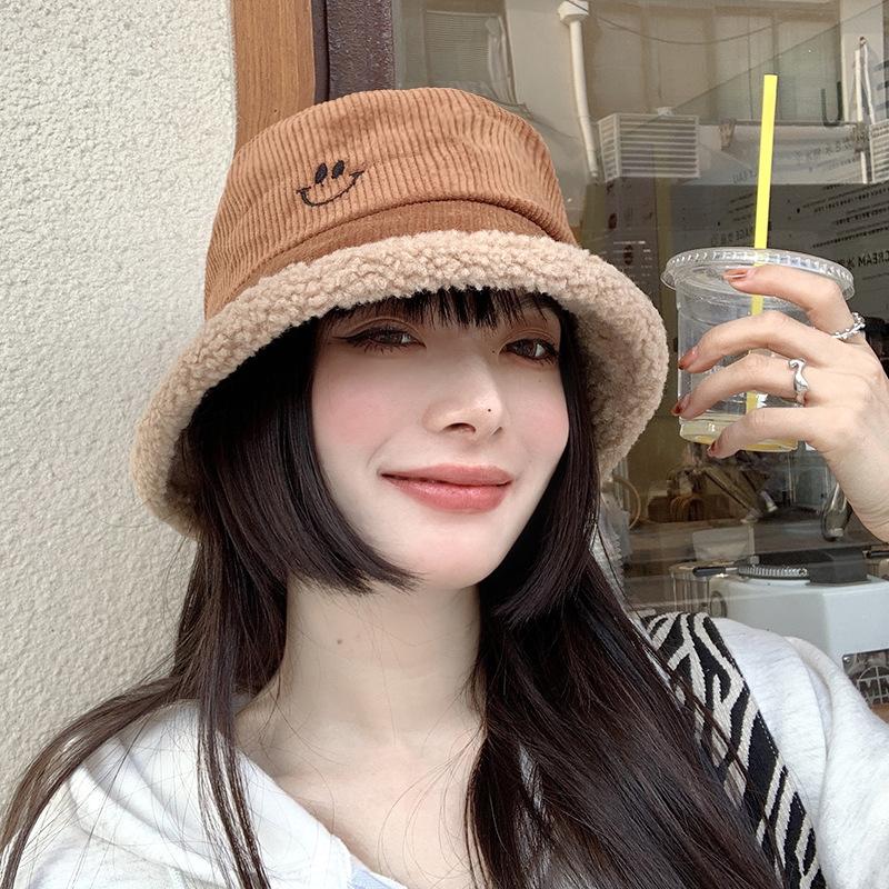 

Beanie/Skull Caps Autumn And Winter Women's Fashion Brand Japanese Show Face Small Versatile Casual Warm Corduroy Korean Lamb Hair, Black