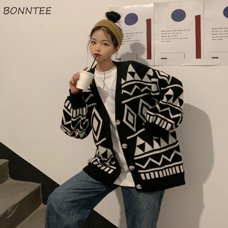 

Sweaters Women Cardigans Patchwork Single Breasted All-match V-Neck Black Casual Long Sleeve Daily Mujer Clothing Kawaii Autumn