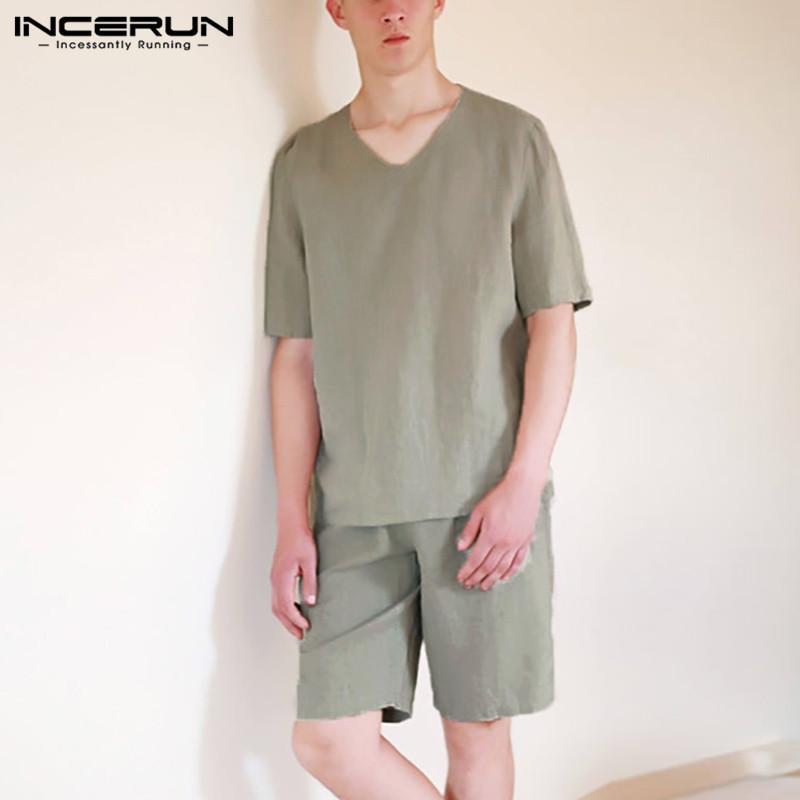 

Mens Pajama Sets Leisure Short Sleeve V Neck Tops Elastic Waist Shorts 2 Pieces INCERUN Man Solid Cozy Sleepwear Suits -3XL 7, Blue