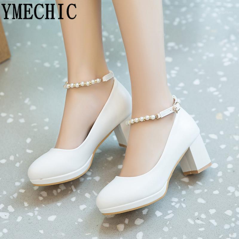 

YMECHIC 2021 Fashion White Ankle Strap String Bead Mary Janes Wedding Shoes Woman Office Career Ladies Block Heel Shoe Plus Size1, Pink