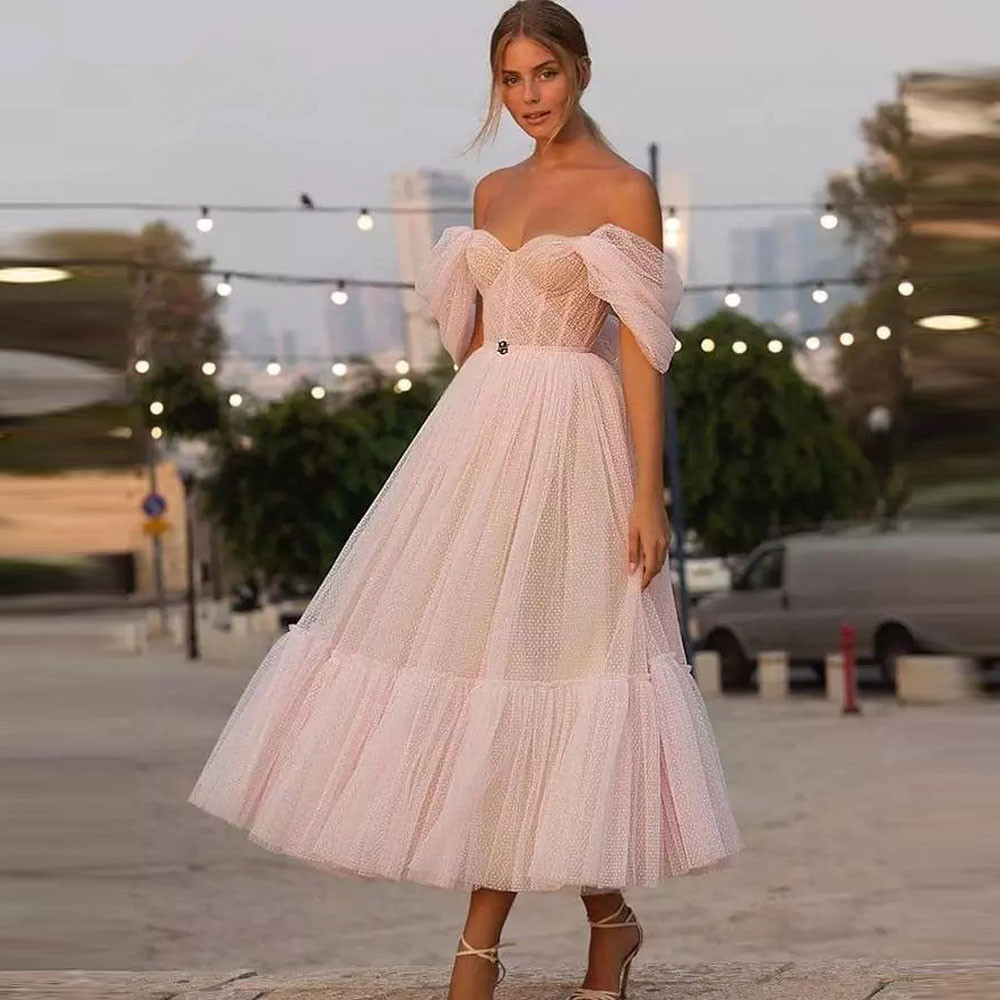 

Short Wedding Dresses Tea Length Pink Off the Shoulder Sweetheart Dot Tulle Elegant Wedding Bride Gown For Party Reception, Royal blue