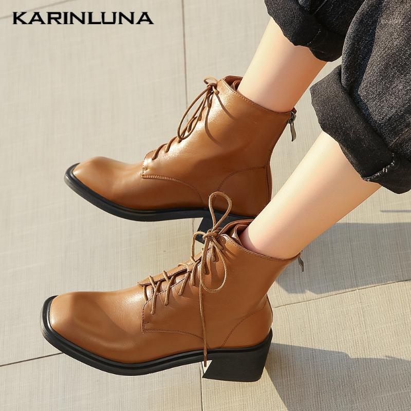

Karin Brand New Brand Design Square Heels Plus Size 32-43 Square Toe Shoelaces Top Quality Shoes Ankle Boots Women1, Beige