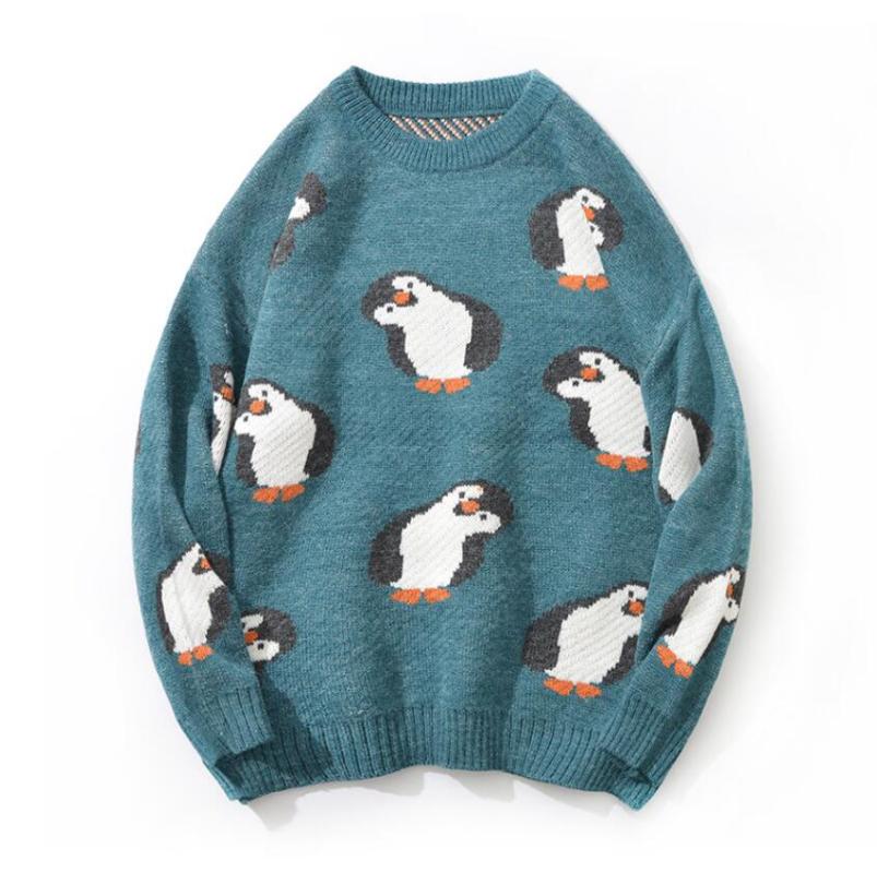 

Cartoon Print Sweater Men 2020 Autumn winter O Neck Loose Knitted pullover Man Jumpers Fashion Knitwear Warm tops w1416, Blue