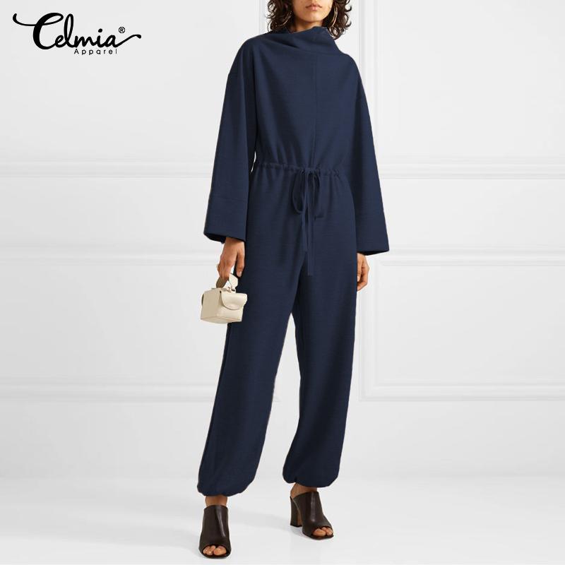 

Jumpsuits Celmia Women Long Sleeve Loose High Collar Solid Drawstring Waistband Rompers 2020 Casual Knitted Long Playsuits Femme, Beige