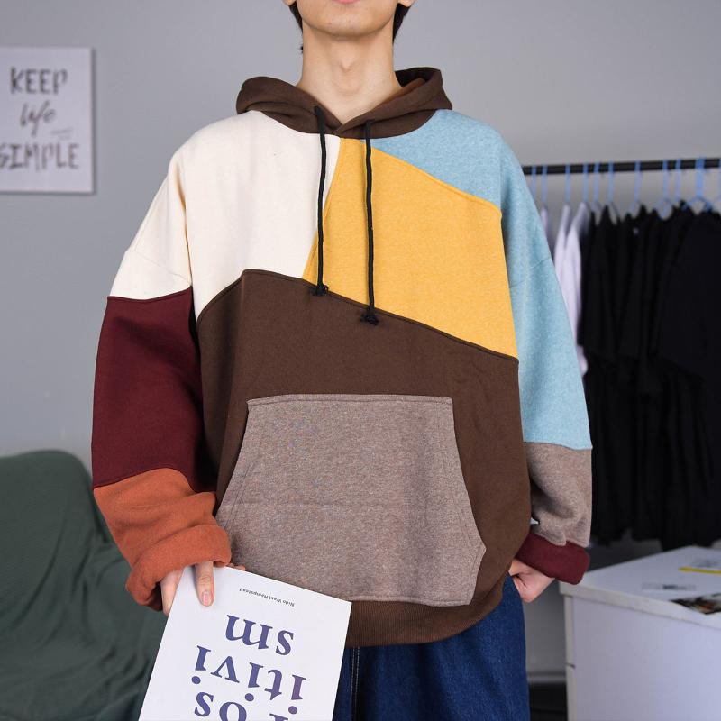 

Extfination Men Woman Patchwork Casual Hooded Sweatshirts 2020 Autumn Winter Korean Clothes Thicken Warm Streetwear Hoodies, Khaki