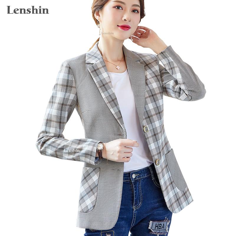 

Lenshin Woven fabric Irregular Pattern Plaid Blazer Elegant Casual Jacket Fashion Keep Slim Office Lady Women Outwear Coat, Picture color