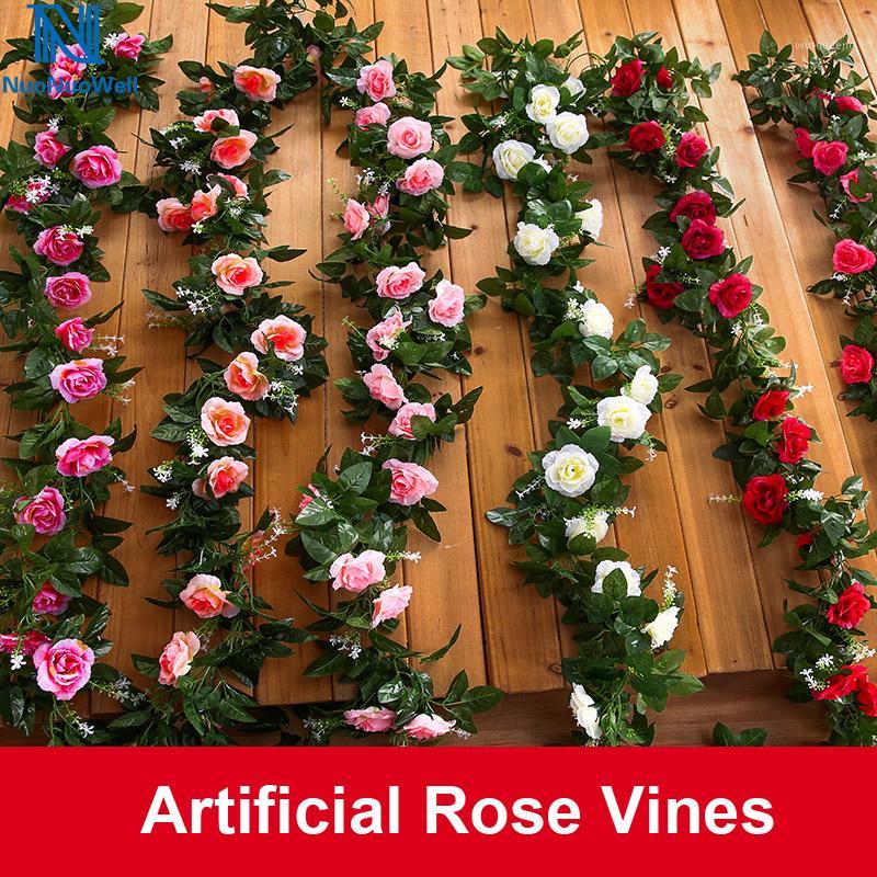 

NuoNuoWell 2Pcs-Pack Pink/Red Rose Garland Artificial Vines Decoration Silk Flowers String Wedding Decor DIY Home Fake Foliage1, White