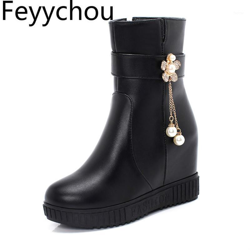 

Women Boots Autumn Winter High Heel Warm Pu Round Toe Mid-Calf Zip Height Increasing Pearl 2020 Sexy New Fashion Casual White1, Black 1