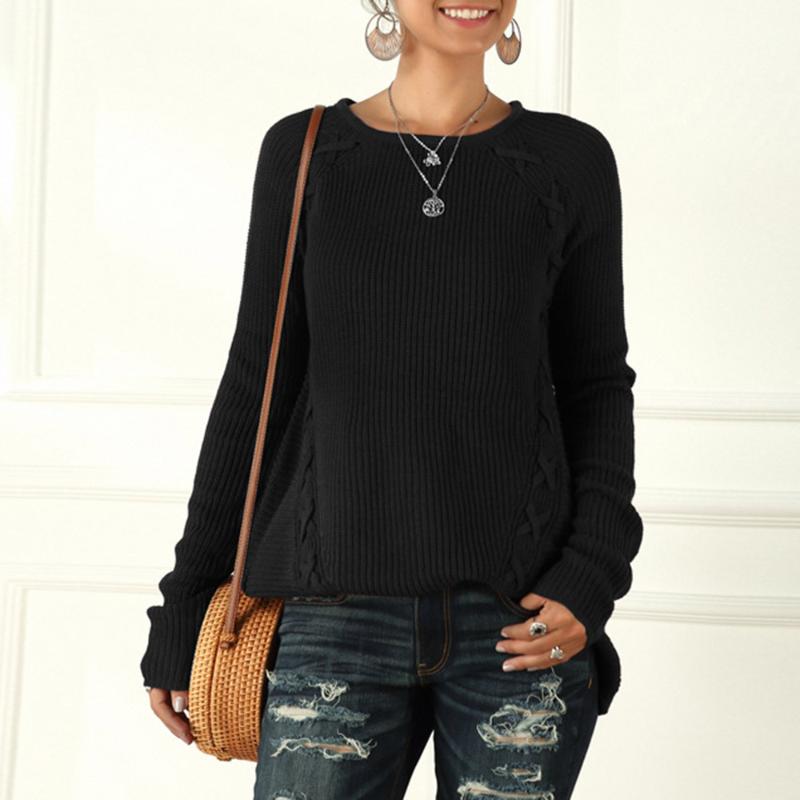 

Europe America Sweater Autumn Winter Casual Irregular String Round Neck Knitting Long Sleeve Hedging Wool Sweater, Black